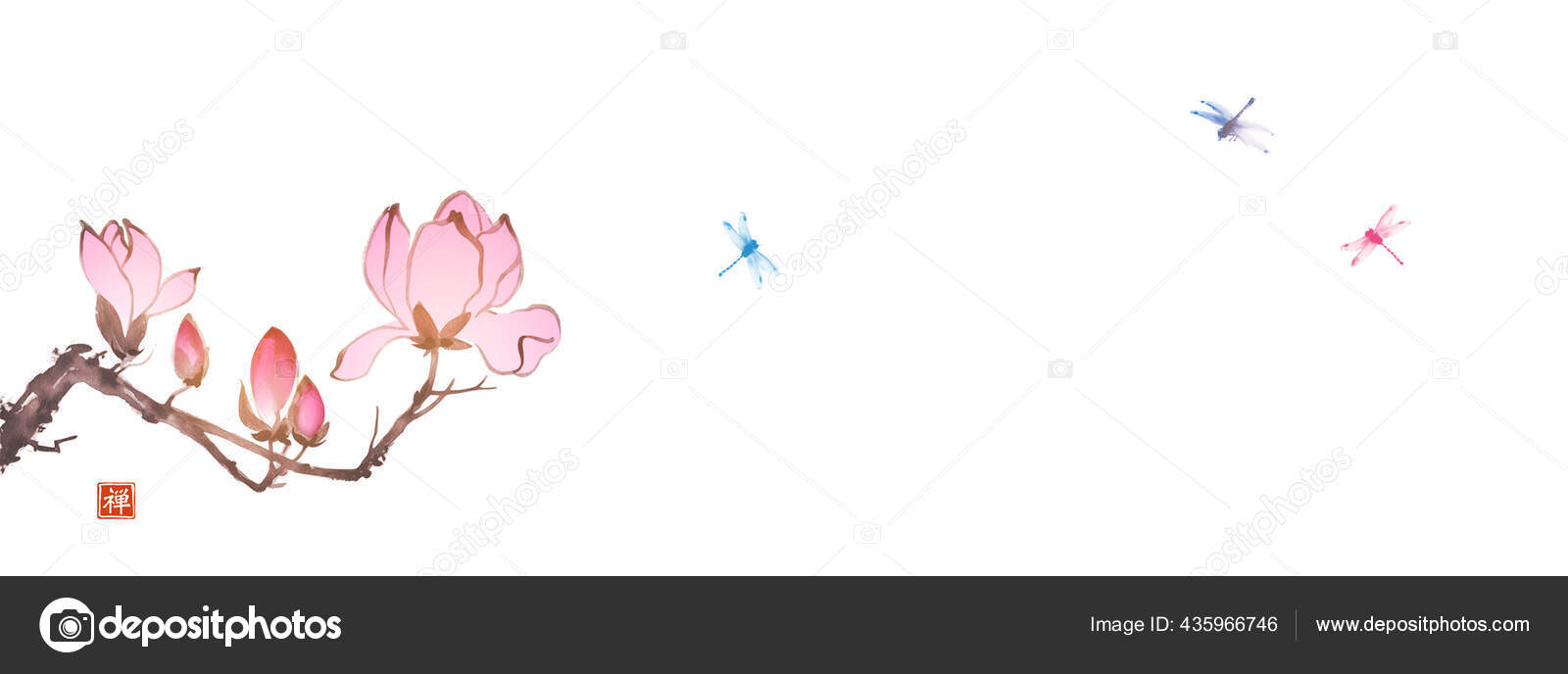 オリエンタルスタイルと小さなトンボでピンクのマグノリアの花 伝統的な東洋の水墨画 遊戯王華 ヒエログリフの訳 Zen ストックベクター C Elinacious