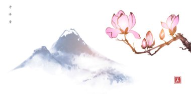 Pembe Magnolia çiçekleri ve uzak mavi dağlar. Geleneksel oryantal mürekkep boyası sumi-e, u-sin, go-hua. Hiyerogliflerin çevirisi - barış, sükunet, netlik