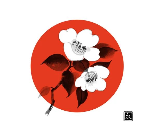 白い椿の花と大きな赤い丸 日本の象徴 墨水墨画墨絵 象形文字デックス — ストックベクタ