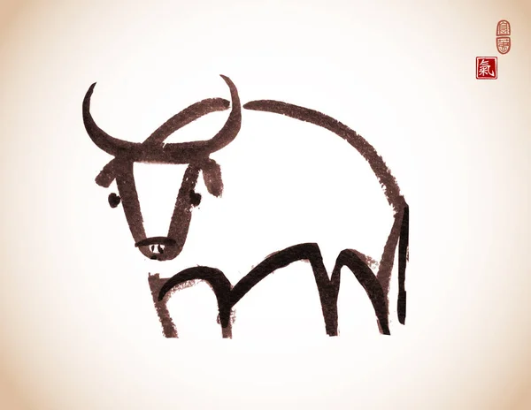 水墨画的公牛 中国的新年象征2021年的古董派风格 象形文字 生命能量的翻译 — 图库矢量图片