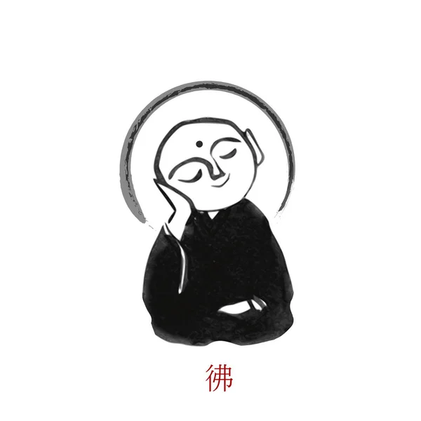 Маленька Рука Дзізо Будди Намальована Чорнилом Білому Тлі Традиційний Східний — стоковий вектор
