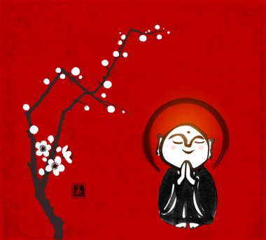 Dua eden Japon boddhisattva Jizo 'nun mürekkep resmi ve kırmızı arka planda sakura dalı. Geleneksel Japon mürekkep boyası Buda sumi-e. Hiyeroglifin çevirisi - güzellik.