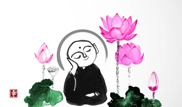 Pintura Tinta Jizo Flores Loto Rosadas Pintura Tradicional Japonesa Lavado — Archivo Imágenes Vectoriales