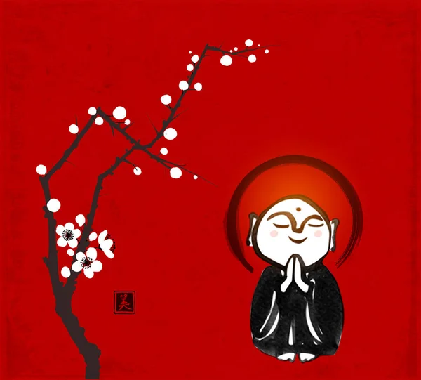 Pintura Tinta Del Rezo Del Bodisatva Japonés Jizo Rama Sakura — Archivo Imágenes Vectoriales