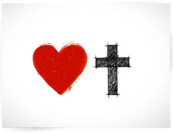 Krzyż Chrześcijański Czerwone Serce Białym Tle — Wektor stockowy