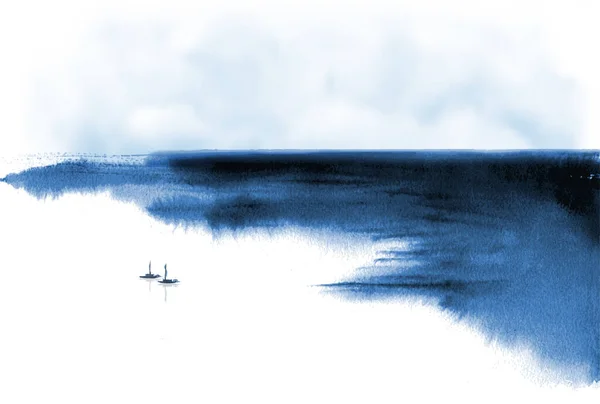 漁船や海の海岸とミニマリストの水墨画の風景 水墨画墨絵 すみえ — ストックベクタ