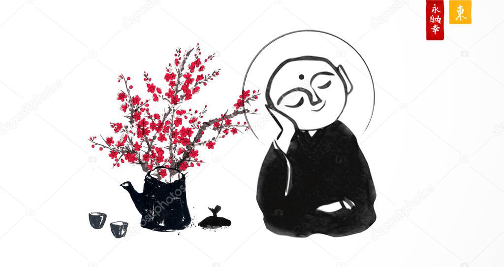 Ink painting of praying japanese boddhisattva Jizo and sakura blossom. Traditional Japanese ink wash painting of Buddha sumi-e. Translation of Hieroglyphs - eternity, freedom, happiness, east.