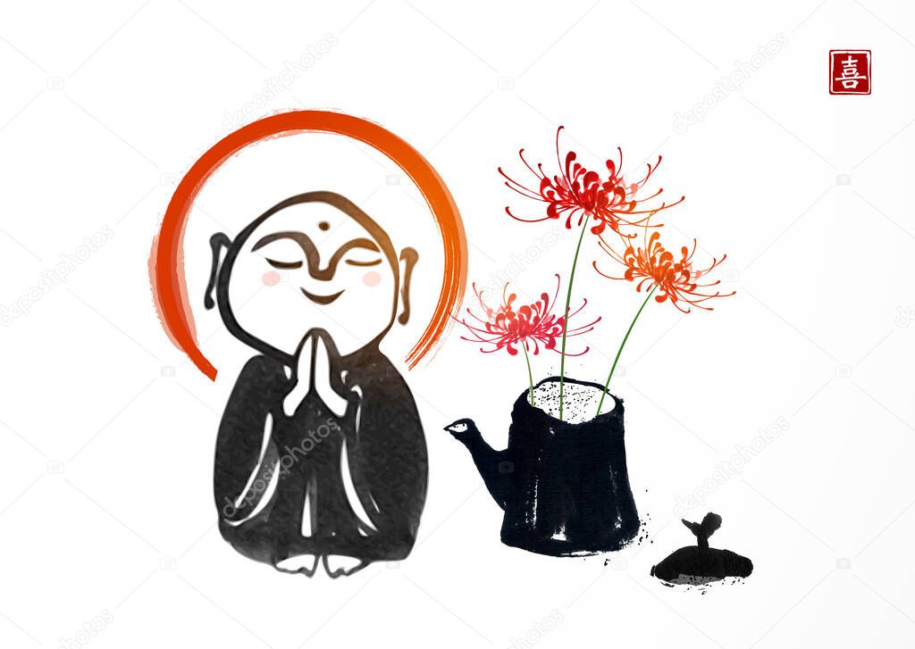 Ink painting of praying japanese boddhisattva Jizo and chrysanthemum flowers. Traditional Japanese ink wash painting of Buddha sumi-e. Translation of hieoglyph - joy.