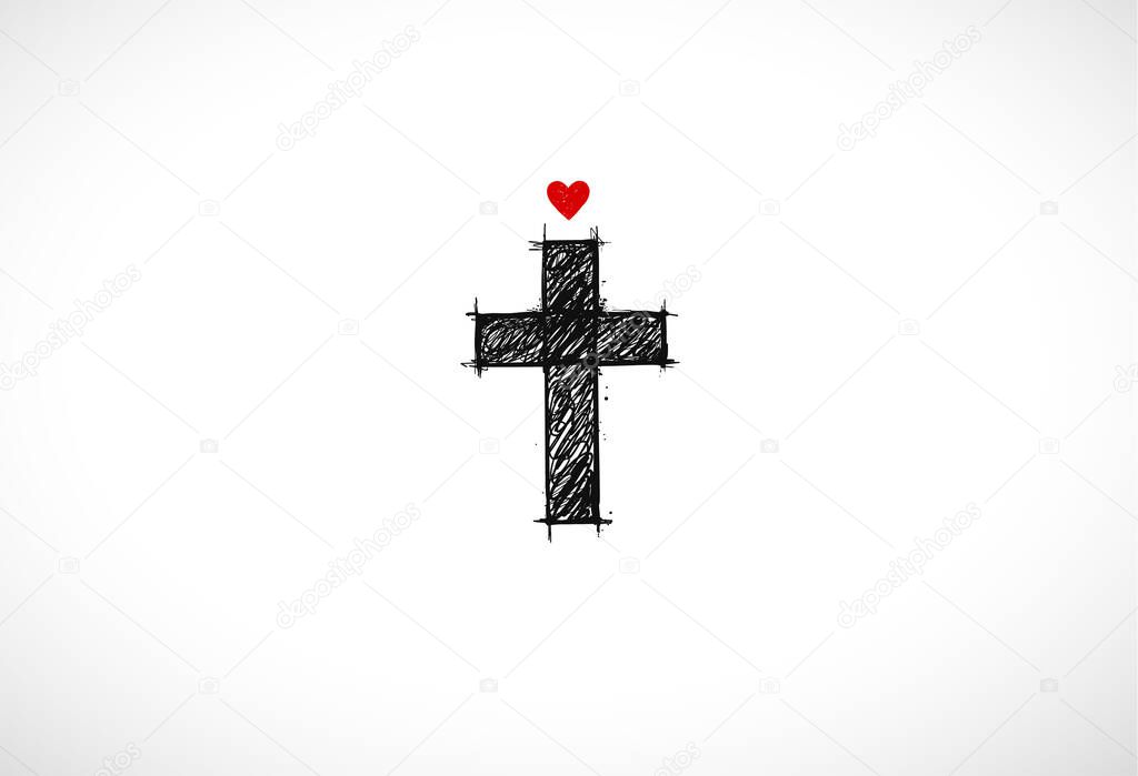 Christian cross and red heart on white background