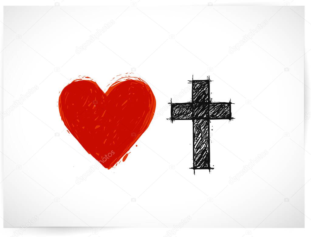 Christian cross and red heart on white background