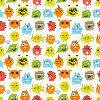 Sevimli karalama canavarlarıyla kusursuz desen. Duvar kağıdı, şablon dolguları, tekstil, web sayfası arka planı, yüzey dokuları için kullanılabilir