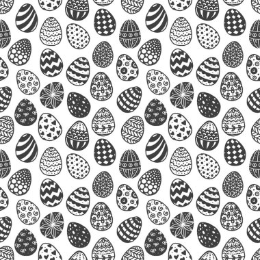 Kusursuz desenli, beyaz arka planda karalama paskalya yumurtaları. Duvar kağıdı, şablon dolguları, tekstil, web sayfası arka planı, yüzey dokuları için kullanılabilir