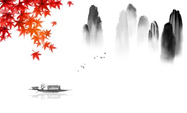 Balıkçı teknesi, Japon kırmızı akçaağaç yaprakları ve yüksek dağ kayaları olan doğu manzarası. Geleneksel oryantal mürekkep boyası sumi-e, u-sin, go-hua