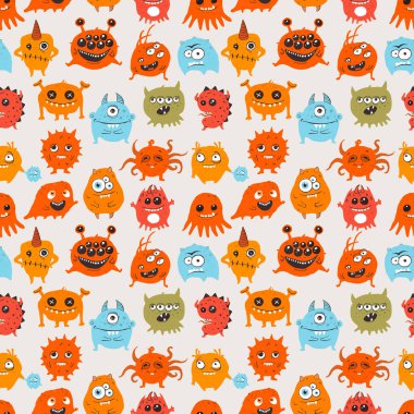 Sevimli karalama canavarlarıyla kusursuz desen. Duvar kağıdı, şablon dolguları, tekstil, web sayfası arka planı, yüzey dokuları için kullanılabilir