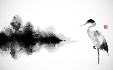 Balıkçıl ve orman ağaçları olan sisli bir ada. Geleneksel oryantal mürekkep boyası sumi-e, u-sin, go-hua. Hiyeroglifin çevirisi - sessizlik.