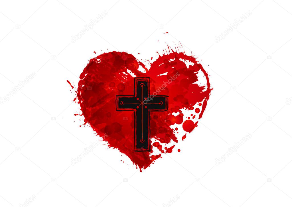Christian cross and red heart on white background