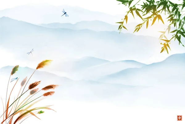 Paysage Oriental Avec Bambou Feuilles Herbe Montagnes Bleues Peinture Encre — Image vectorielle