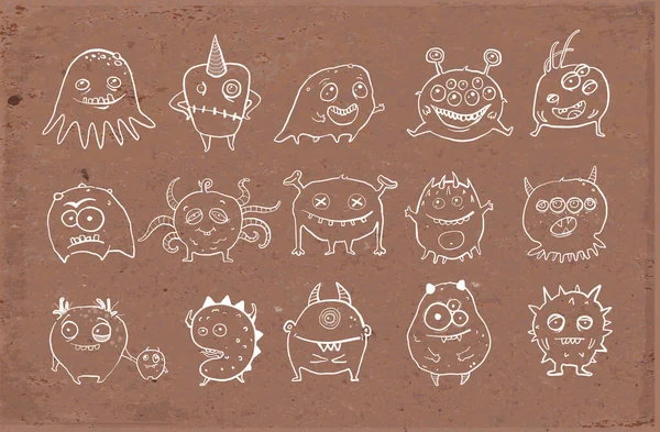 Cute Doodle Monsters Brown Parcel Paper Background — Stock Vector