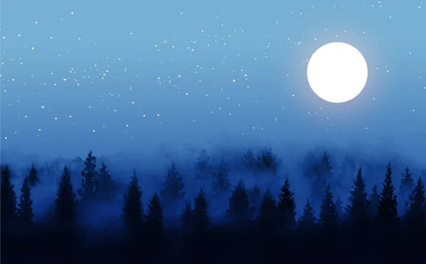Paisaje Nocturno Con Bosque Brumoso Luna Tinta Oriental Tradicional Pintura — Vector de stock