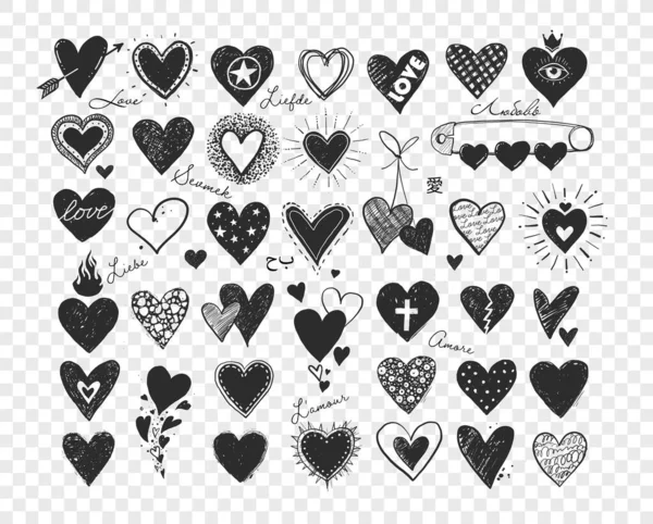 Coleção Doodle Corações Esboço Inscrição Amor Diferentes Línguas — Vetor de Stock