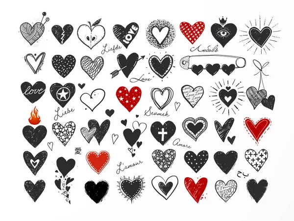 Collection Black Red Doodle Sketch Hearts White Background Love Inscription — Stock Vector