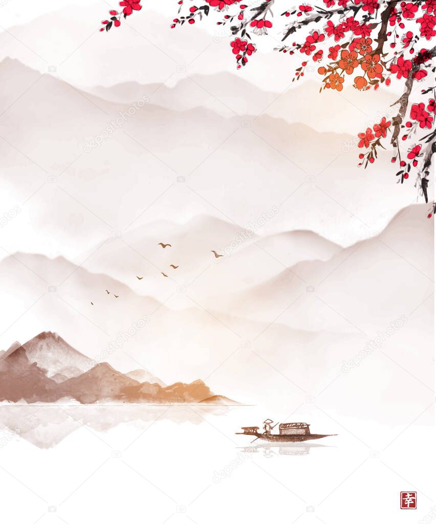 Oriental landscape with sakura blossom, high misty mountains and fishing boat. Traditional oriental ink painting sumi-e, u-sin, go-hua