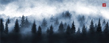 Yeşil sisli orman ağaçları ve bulutlu gökyüzü olan manzara. Geleneksel oryantal mürekkep boyası sumi-e, u-sin, go-hua. Hiyeroglifin çevirisi - tavşan.