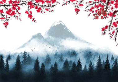 Sakura çiçeği, sisli orman ve uzak dağlar. Geleneksel oryantal mürekkep boyası sumi-e, u-sin, go-hua