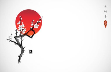 Doğulu kiraz ağacının çiçek açan dalı ve Japonya 'nın sembolü olan büyük kırmızı güneş. Geleneksel Japon mürekkep boyası sumi-e hiyeroglifler - hiyeroglifler - sonsuzluk, özgürlük, mutluluk, güzellik.