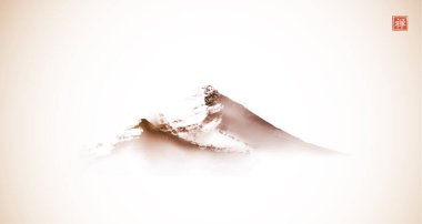 Uzakta bulunan sisli dağlar, eski usul mürekkeple çizilmiş. Geleneksel oryantal mürekkep boyası sumi-e, u-sin, go-hu. hiyeroglifin çevirisi - zen