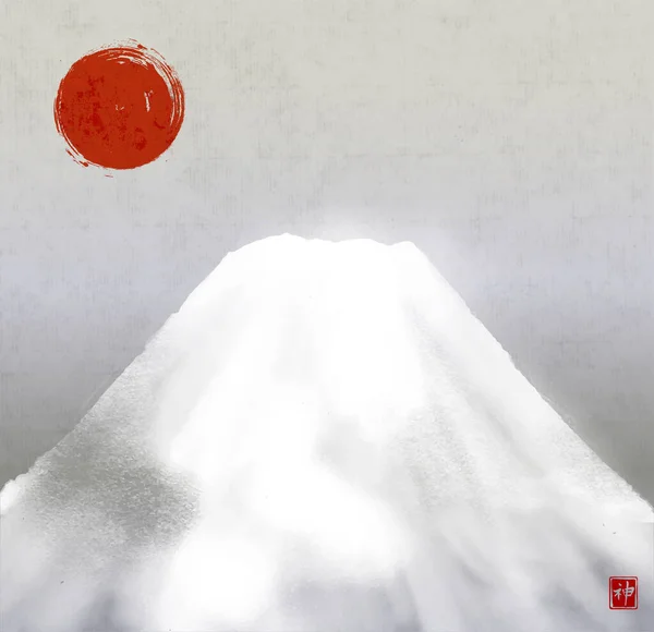 Gri Gökyüzünde Kızıl Güneş Karda Fuji Dağı Geleneksel Japon Mürekkep — Stok Vektör