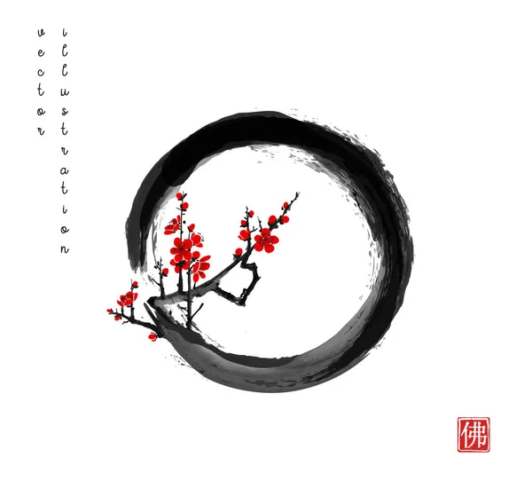 Branche Florissante Cerisier Sakura Oriental Cercle Enso Zen Noir Peinture — Image vectorielle