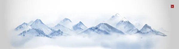 Paisaje Con Montañas Azules Tinta Oriental Tradicional Pintura Sumi Sin — Vector de stock
