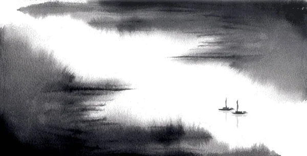 大きな川で漁船とミニマリストの水墨画の風景 水墨画墨絵 すみえ — ストックベクタ