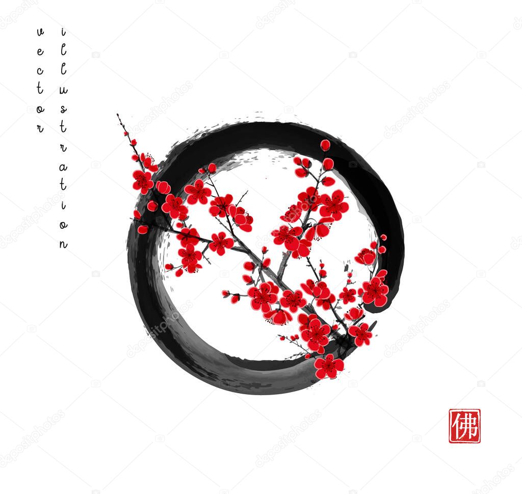 Blossoming branch of oriental cherry in black enso zen circle. Traditional oriental ink painting sumi-e, u-sin, go-hua. Sakura plum blossom. Hieroglyph - cherry blossom.