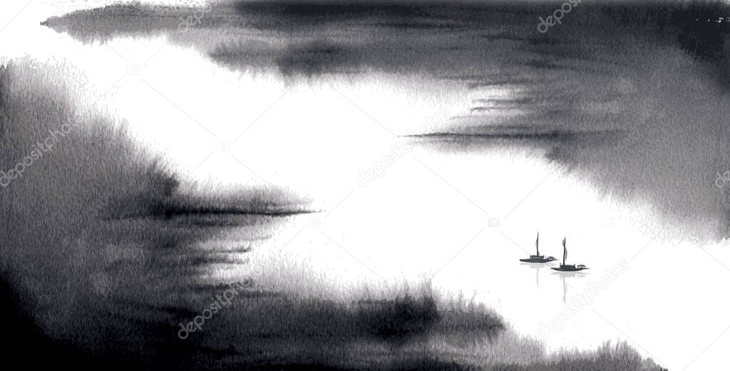 Minimalist ink wash painting landscape with fishing boats on big river. Traditional Japanese ink wash painting sumi-e