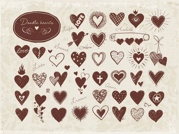 Collection Doodle Sketch Hearts Vintage Style Love Inscription Different Languages — Stock Vector