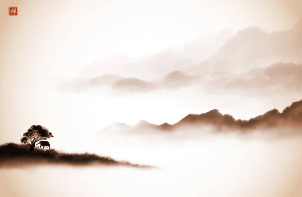 Пейзаж Туманными Лесными Горами Винтажном Стиле Традиционная Восточная Чернильная Живопись — стоковый вектор