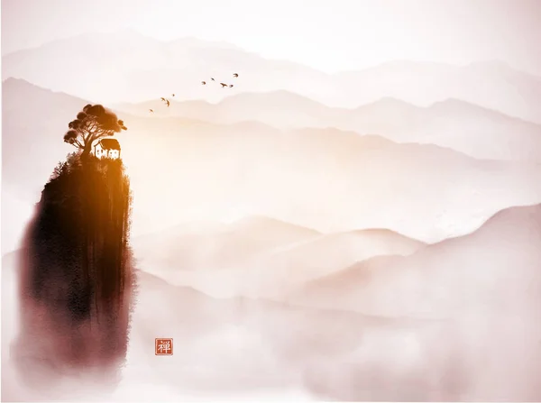 Chinese Landscape Small House High Hill Vintage Style Hieroglyph Zen Royalty Free Stock Vectors