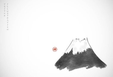 Fujiyama Dağı beyaz arka planda basit minimalist tarzda. Geleneksel Japon mürekkep boyası sumi-e. Hiyeroglifin çevirisi - zen.