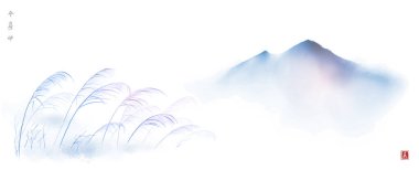 Rüzgarda çimen yaprakları ve uzak mavi sisli dağ. Geleneksel oryantal mürekkep boyası sumi-e, u-sin, go-hua. Hiyeroglif- barış, doğa, ruh, güzellik.