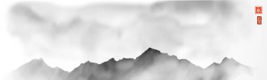 Çok sisli dağlar basit ve temiz minimalist tarzda mürekkeple çizilmiş. Geleneksel oryantal mürekkep boyası sumi-e, u-sin, go-hua. Dağ sisli. Hiyeroglif- sonsuzluk.