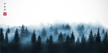 Mavi sisli orman ağaçları olan manzara. Geleneksel oryantal mürekkep boyası sumi-e, u-sin, go-hua. Hiyeroglifler - barış, sükunet, berraklık, zen.
