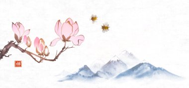 Pembe manolya çiçekleri ve uzak mavi dağlar. Geleneksel oryantal mürekkep boyası sumi-e, u-sin, go-hua. Hiyeroglifin çevirisi - zen.