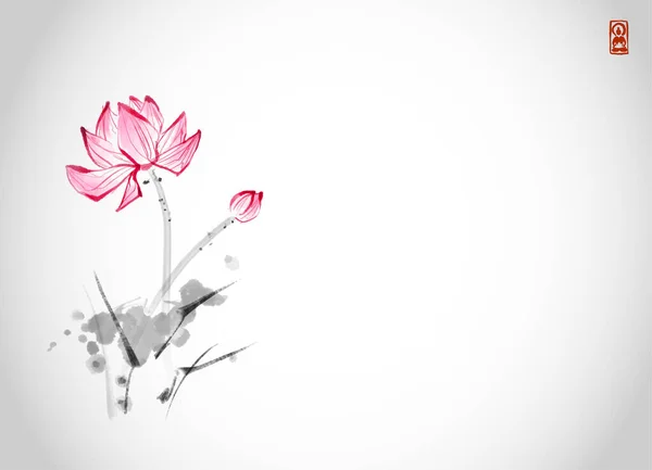 Flores Loto Dibujadas Mano Con Tinta Sobre Fondo Blanco Tinta — Vector de stock