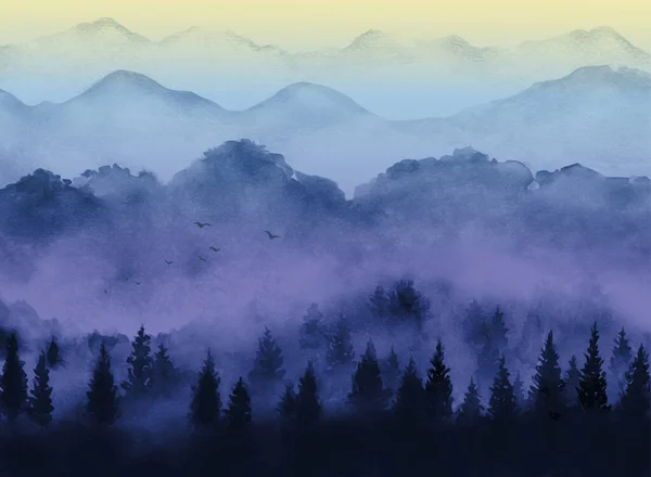 带着日出的风景和雾蒙蒙的森林树 传统东方水墨画苏美 — 图库矢量图片