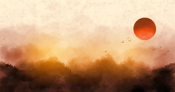 Güneşin Doğuşu Sisli Orman Dağları Gündoğumu Gökyüzü Geleneksel Oryantal Mürekkep — Stok Vektör