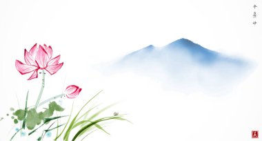 Nilüfer çiçekleri ve sisli mavi dağlarla kaplı bir manzara. Geleneksel oryantal mürekkep boyası sumi-e, u-sin, go-hua. Hiyeroglifler - ruh, doğa, barış, güzellik.