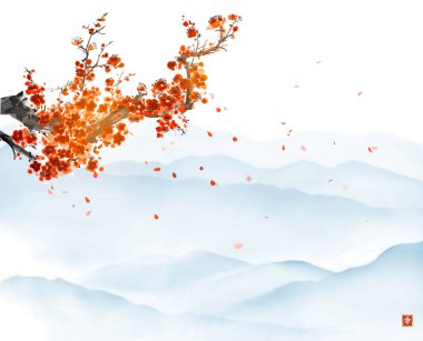Doğulu kiraz çiçeği dalı ve düşen sakura yaprakları. Geleneksel oryantal mürekkep boyası sumi-e, u-sin, beyaz parlayan arka planda go-hua. Hiyeroglifin çevirisi - mutluluk.