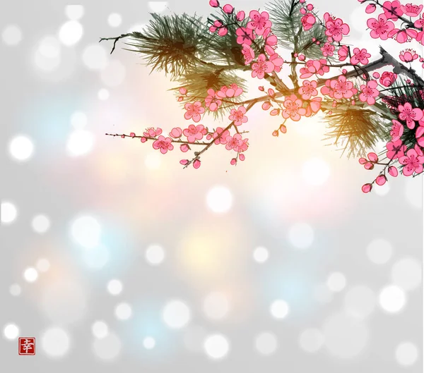 Gałąź Sosny Kwitnące Drzewo Sakura Białym Tle Tradycyjne Orientalne Malowanie — Wektor stockowy